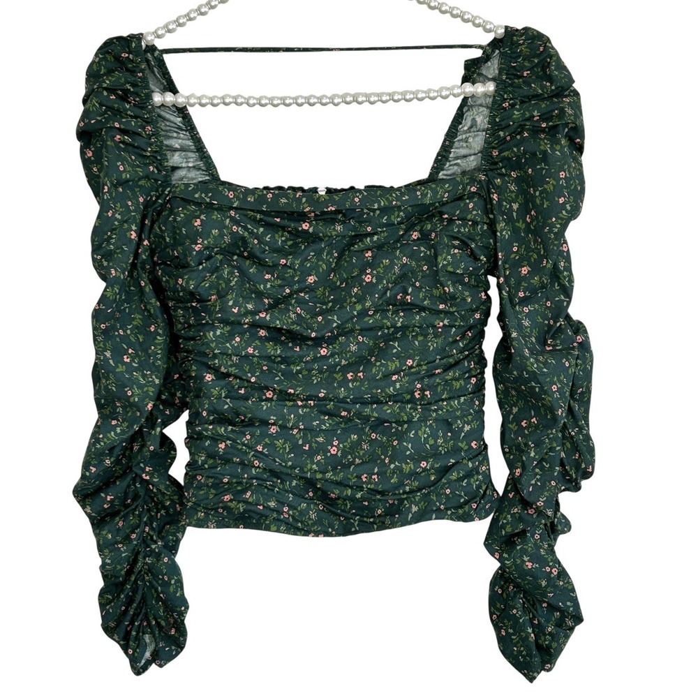 Reformation Joi Top Sz 2 Boho Cottage Floral Fairy Peasant Crop Romantic Green